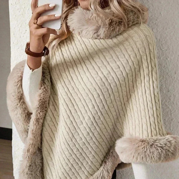 Apricot Casual Women's Turtleneck Fuzzy Trim Batwing Sleeve Poncho Sweater - Picture 7 of 7